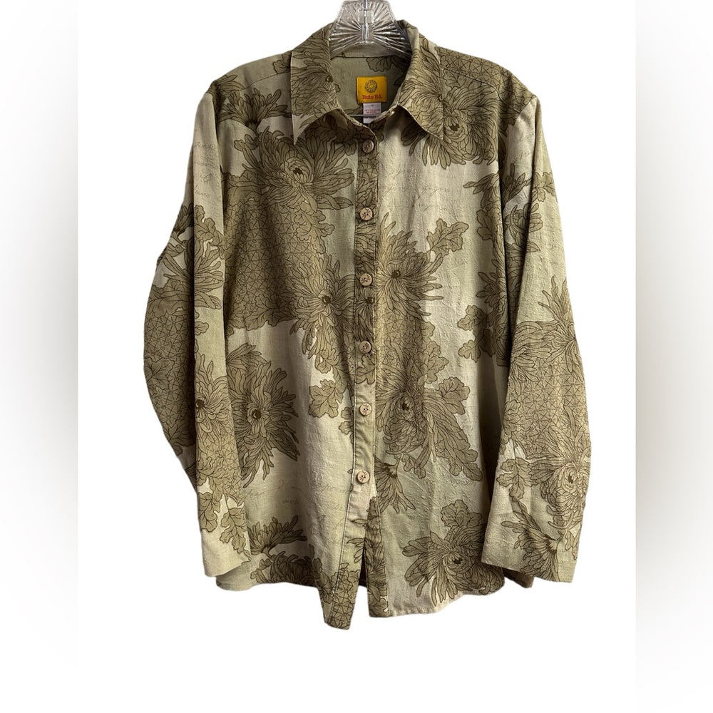 Ruby Rd Fall Button Down Top Khaki Jungle Safari Earthy Long Sleeve Size 10